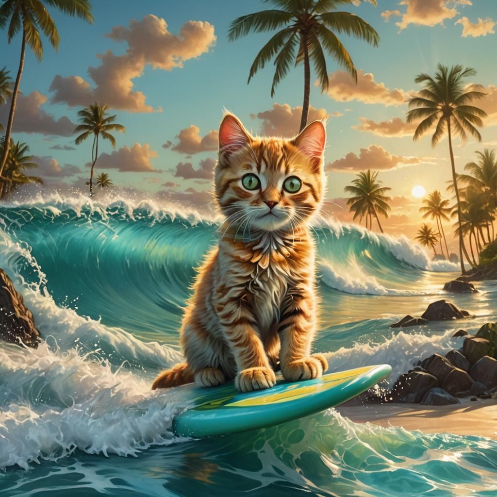 Kitten Rides Wave with Hawaiian Beauty