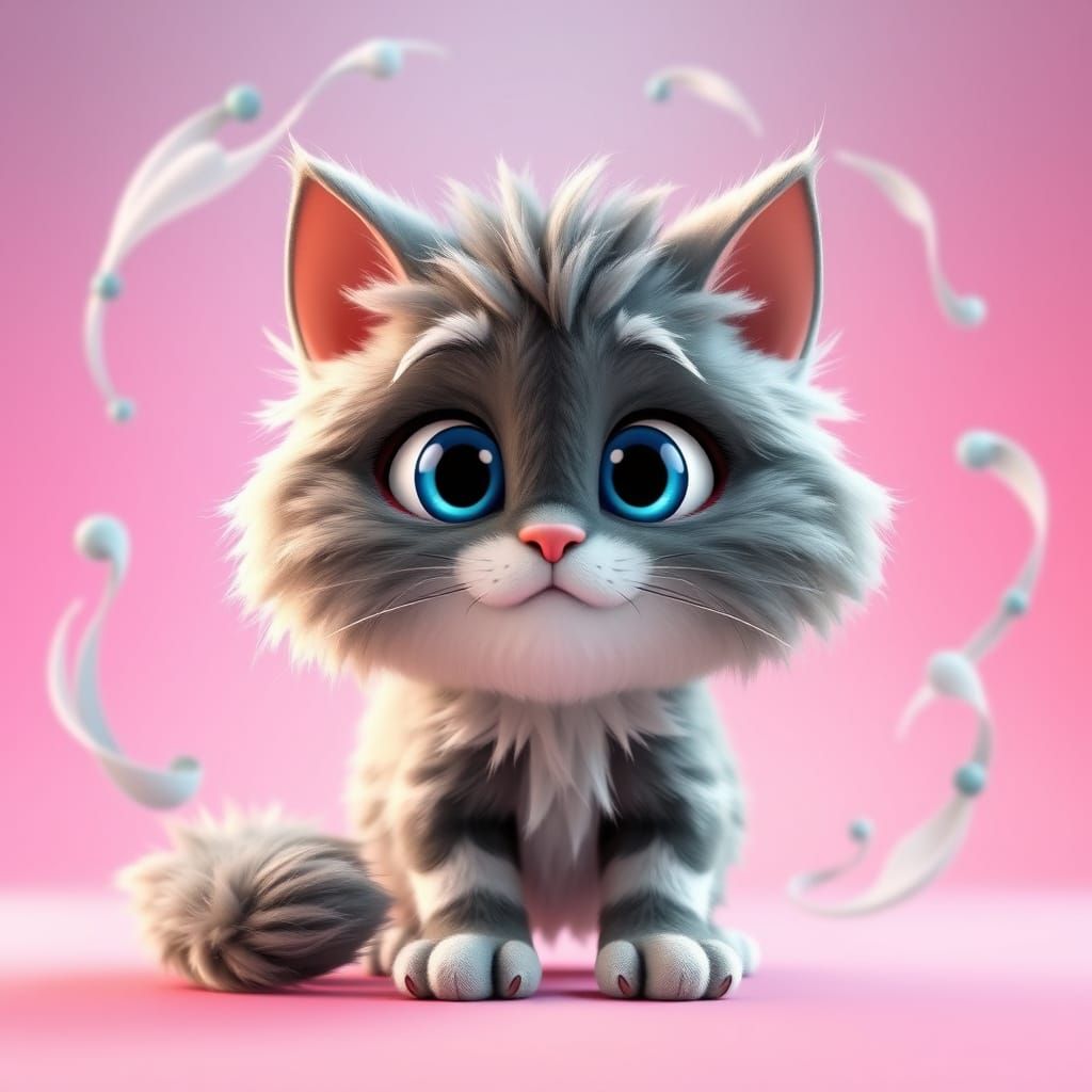 Whimsical Gray Cat in Chaotic Pixar Animation Style