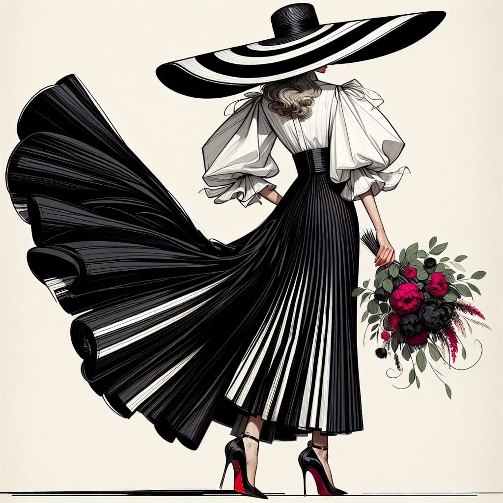 Elegant Woman in Striped Hat: Fashion Illustration