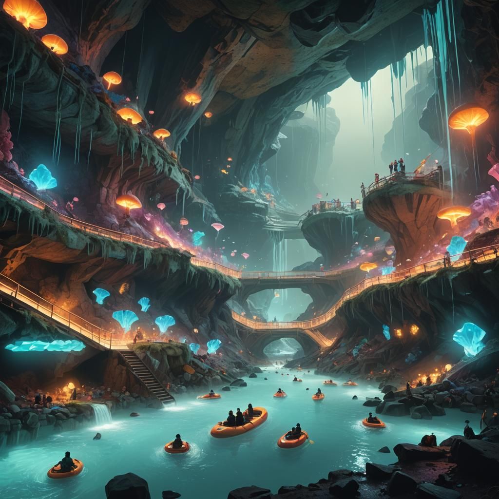 Bioluminescent Crystal Cavern Waterpark in Digital Matte Pai...