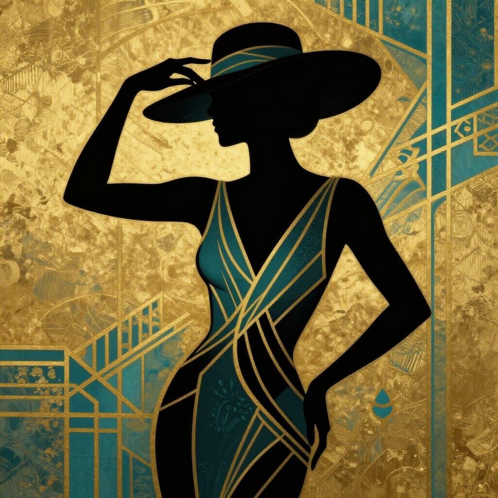 Elegant Art Deco Silhouette with Wide-Brimmed Hat