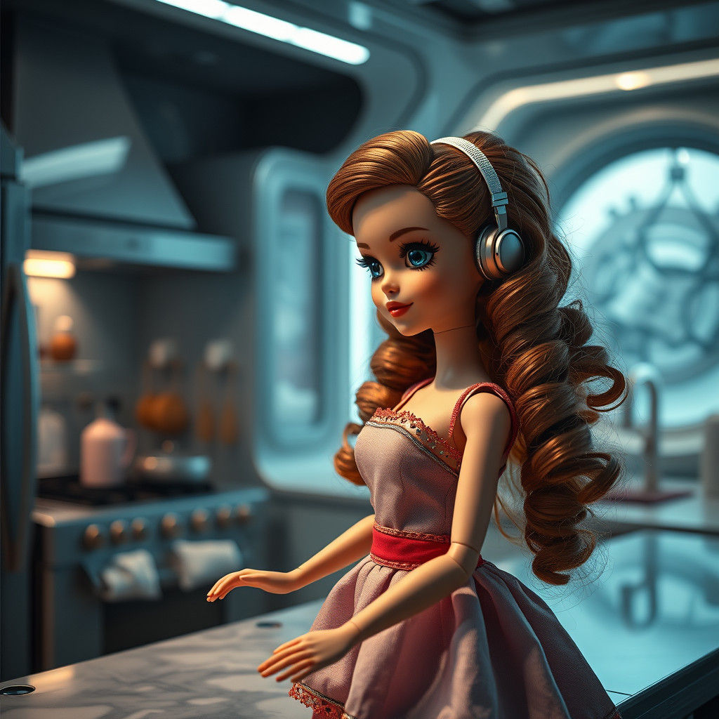 Hyperrealistic Doll in Futuristic Kitchen