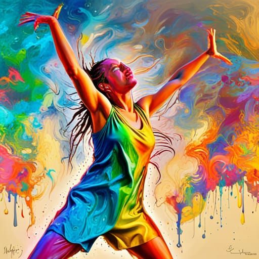 Rainbow Painted Woman Dancing: Hyperrealistic Photograph
