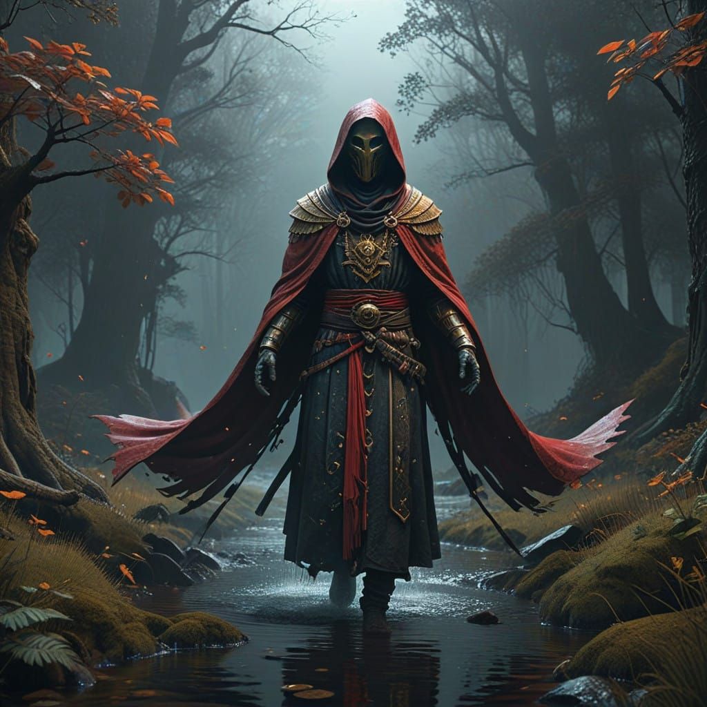 Mystical Figure in Velvet Black with Gold and Crimson Patter...