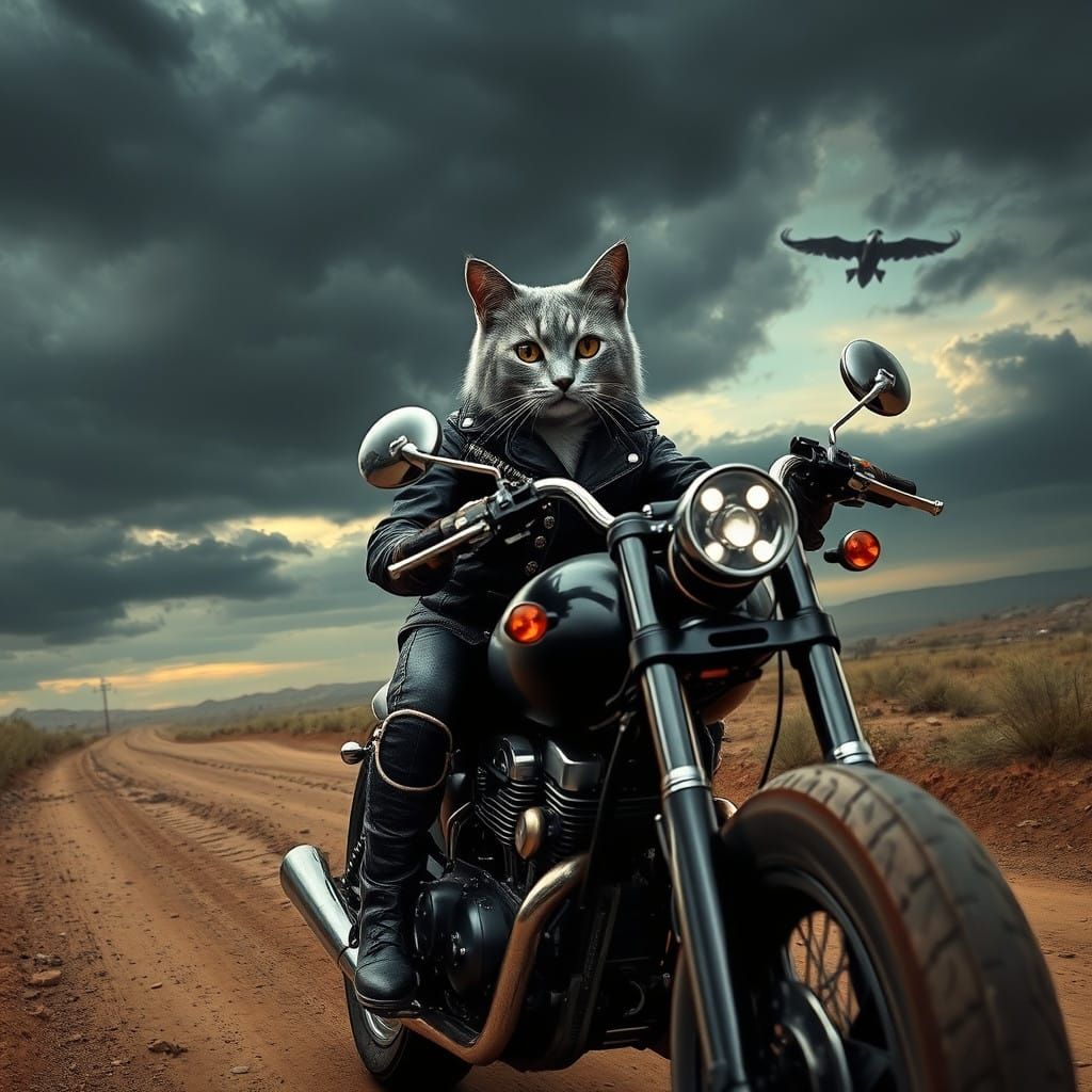 Gris Cyberpunk Cat Rides Chrome Motorcycle on Dirt Road Unde...