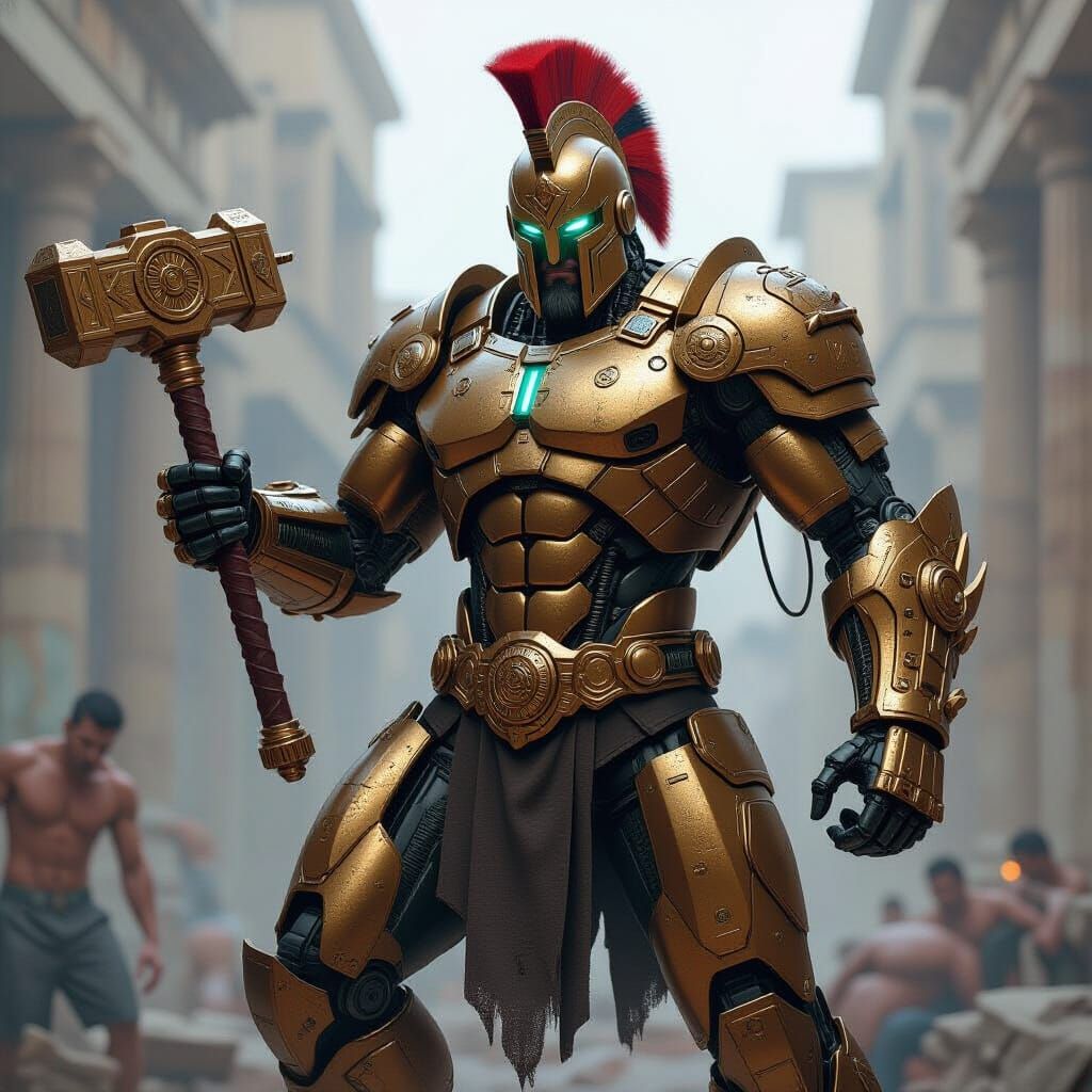 Robotic death Greek mythology, cyberpunk cyborg Hephaestus wearing a cyberpunk bronze breastplate, hammering a monstrous...