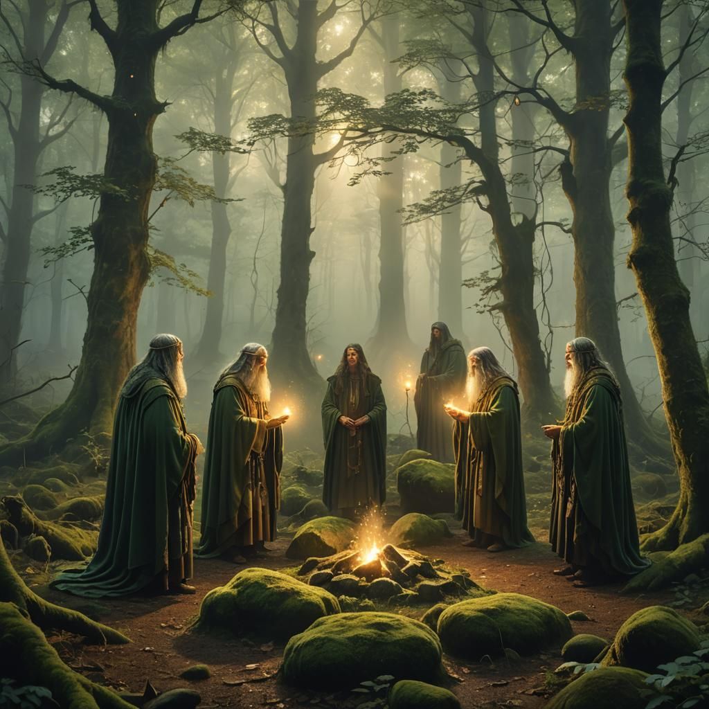 Druids Gather in Mystical Forest Clearing