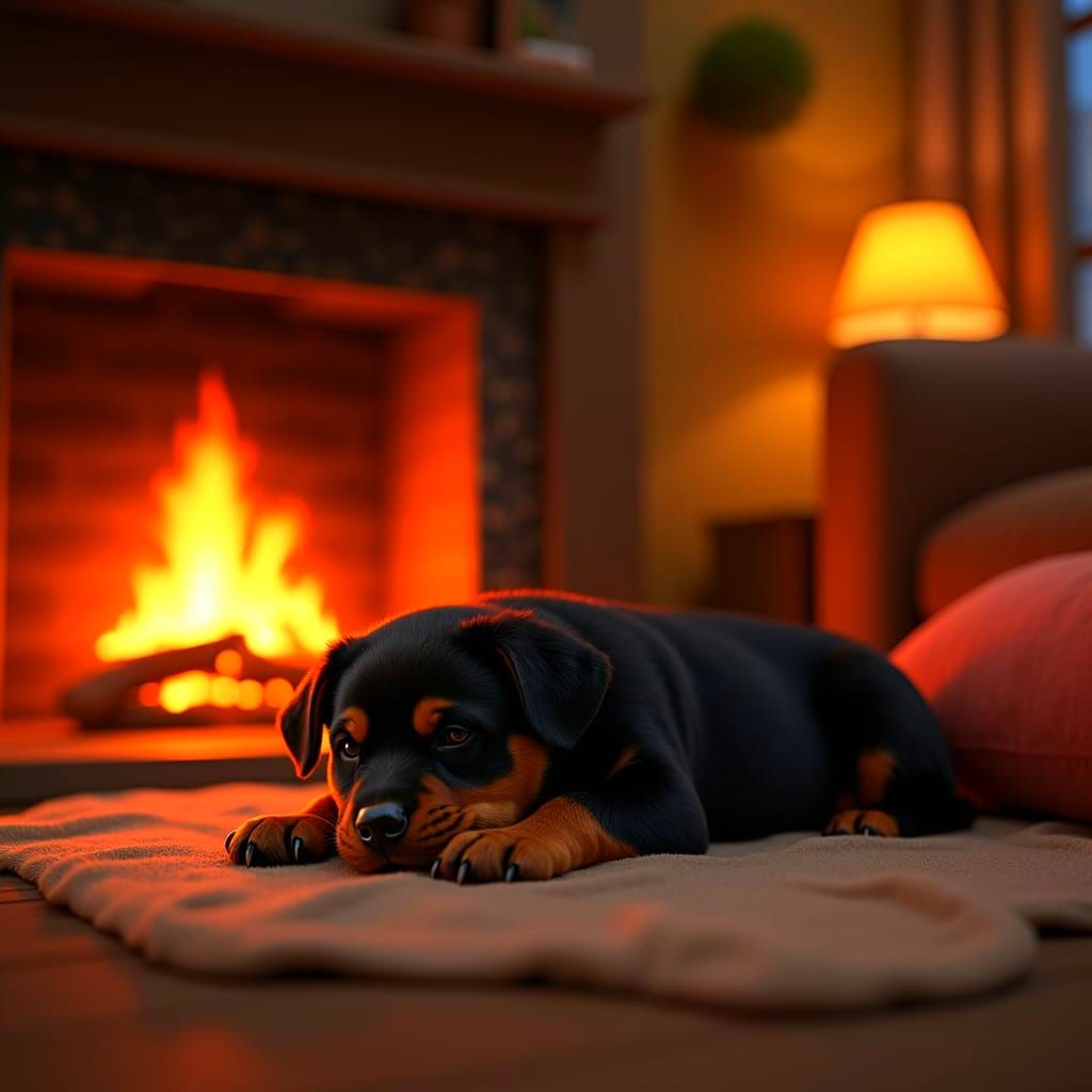 Cozy Fireplace with Rottweiler Puppy in Anime Style