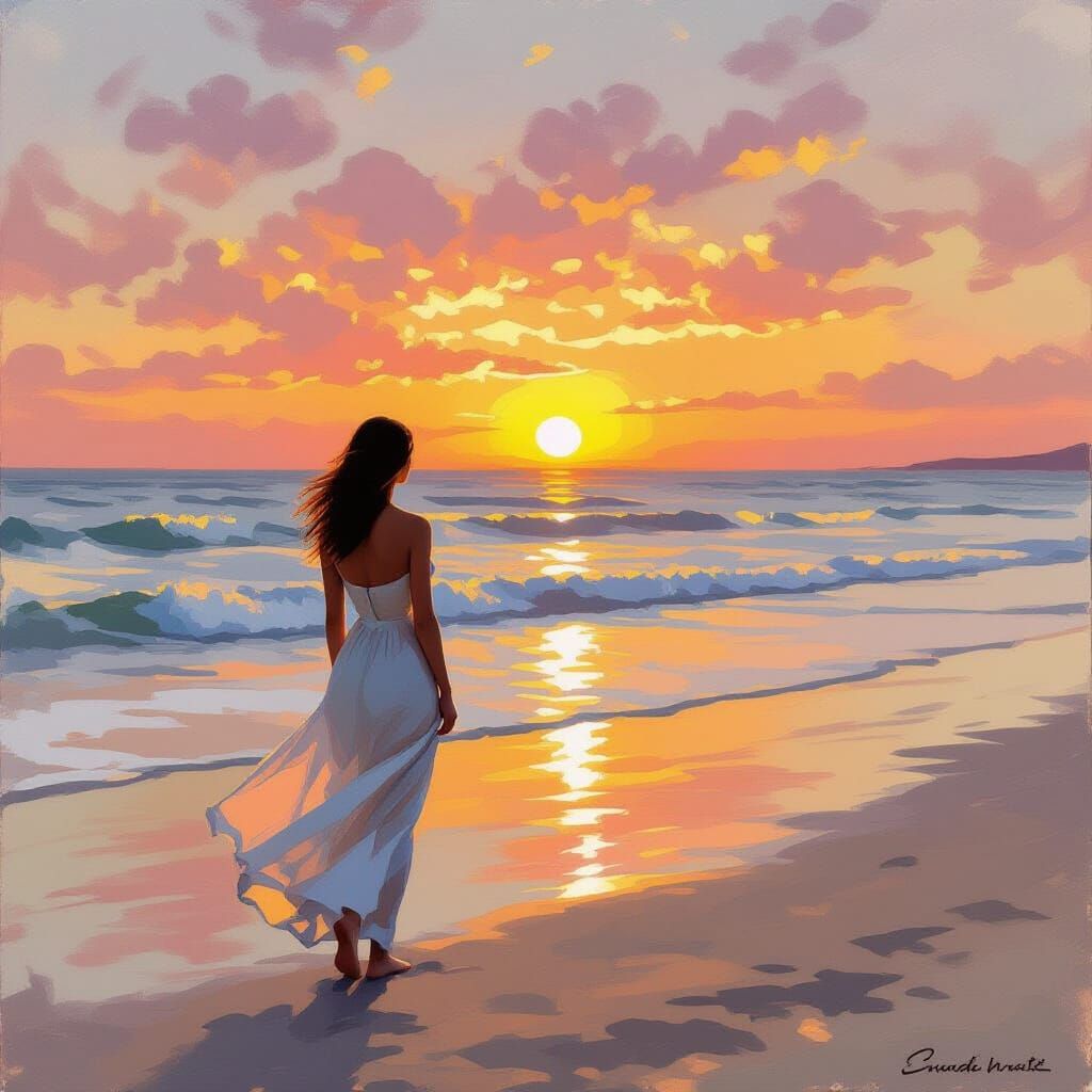 Impressionistic Sunset Beach Scene with Serene Woman