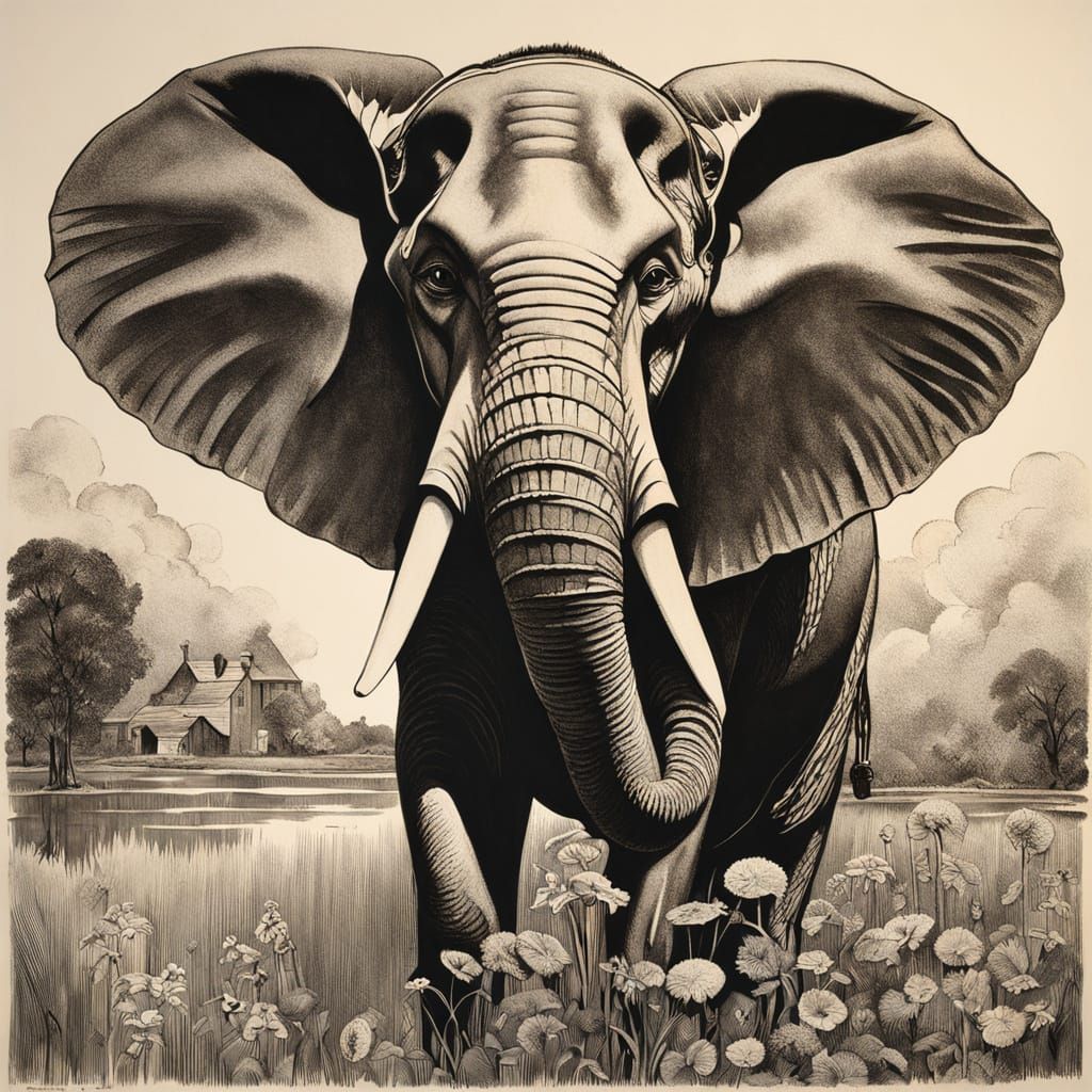 Enigmatic Winged Elephant in Golden Hour, Dadaist Ink Wash