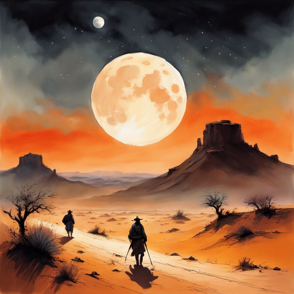 Desert Travelers Under Moon in Impressionist Gouache