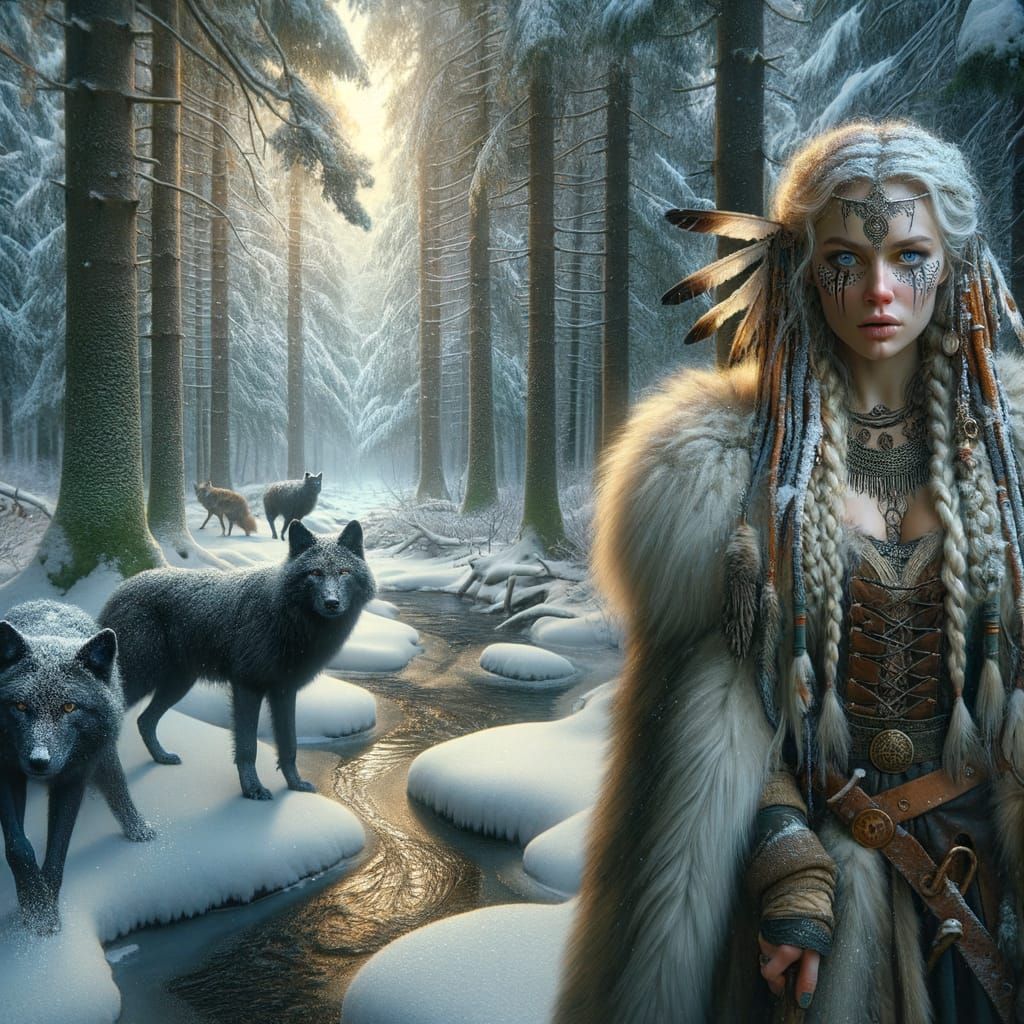 Viking Shield Maiden in Winter Woodland