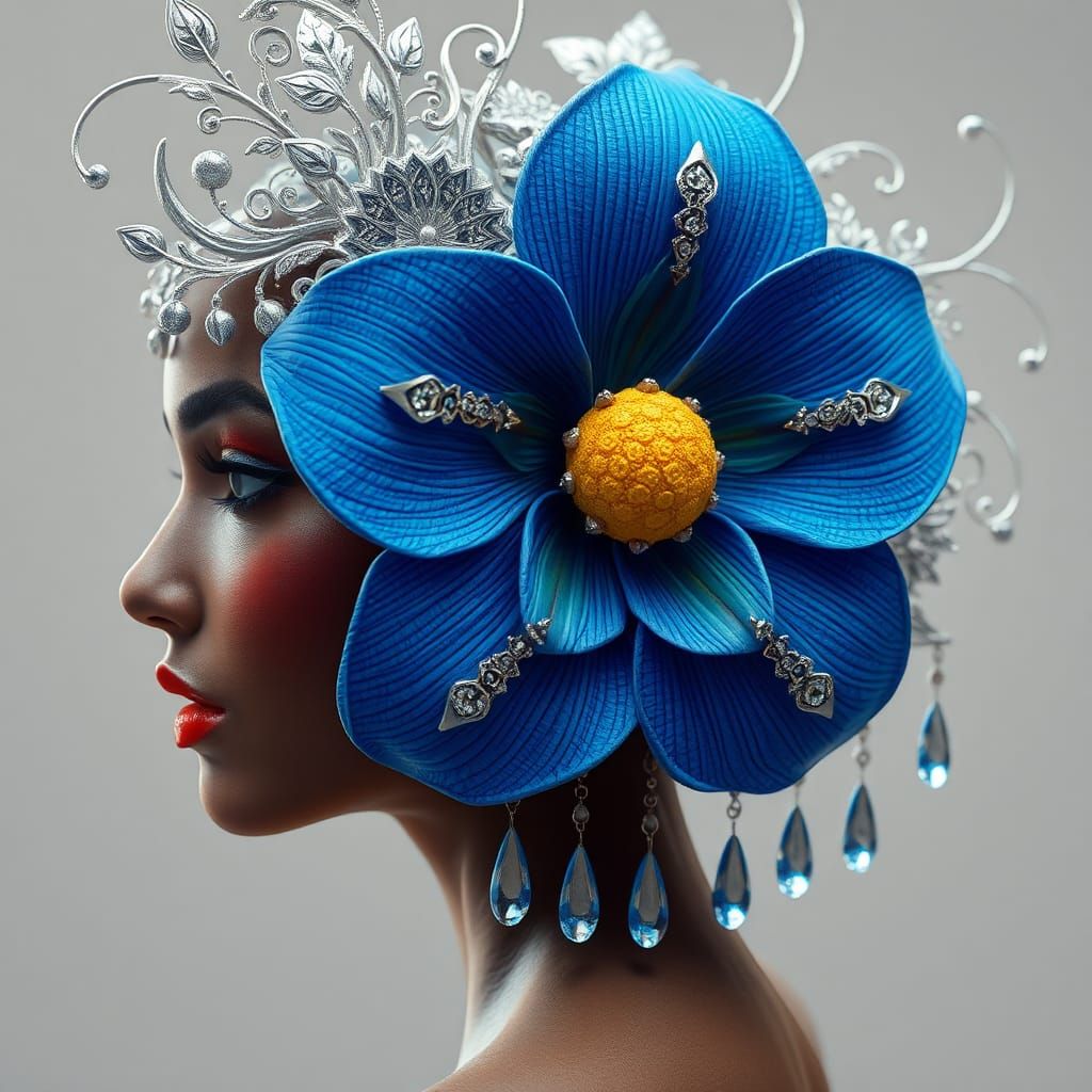 Ebony Woman with Blue Crystal Headpiece in 3D Digital Art