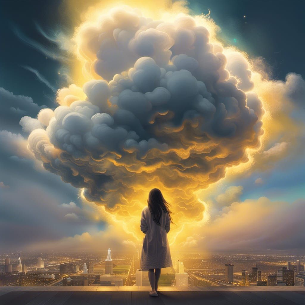 Dreamlike Cloud Cityscape with Ethereal Figure