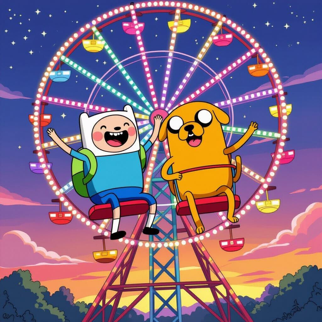 Finn and Jake Ride a Rainbow Ferris Wheel in Cartoon Style