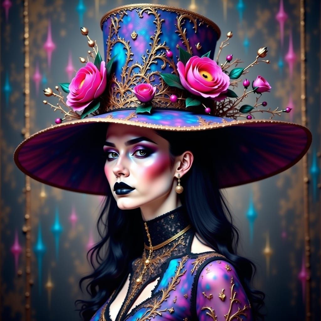 Neon Couture Hat with Flowers and Filigree