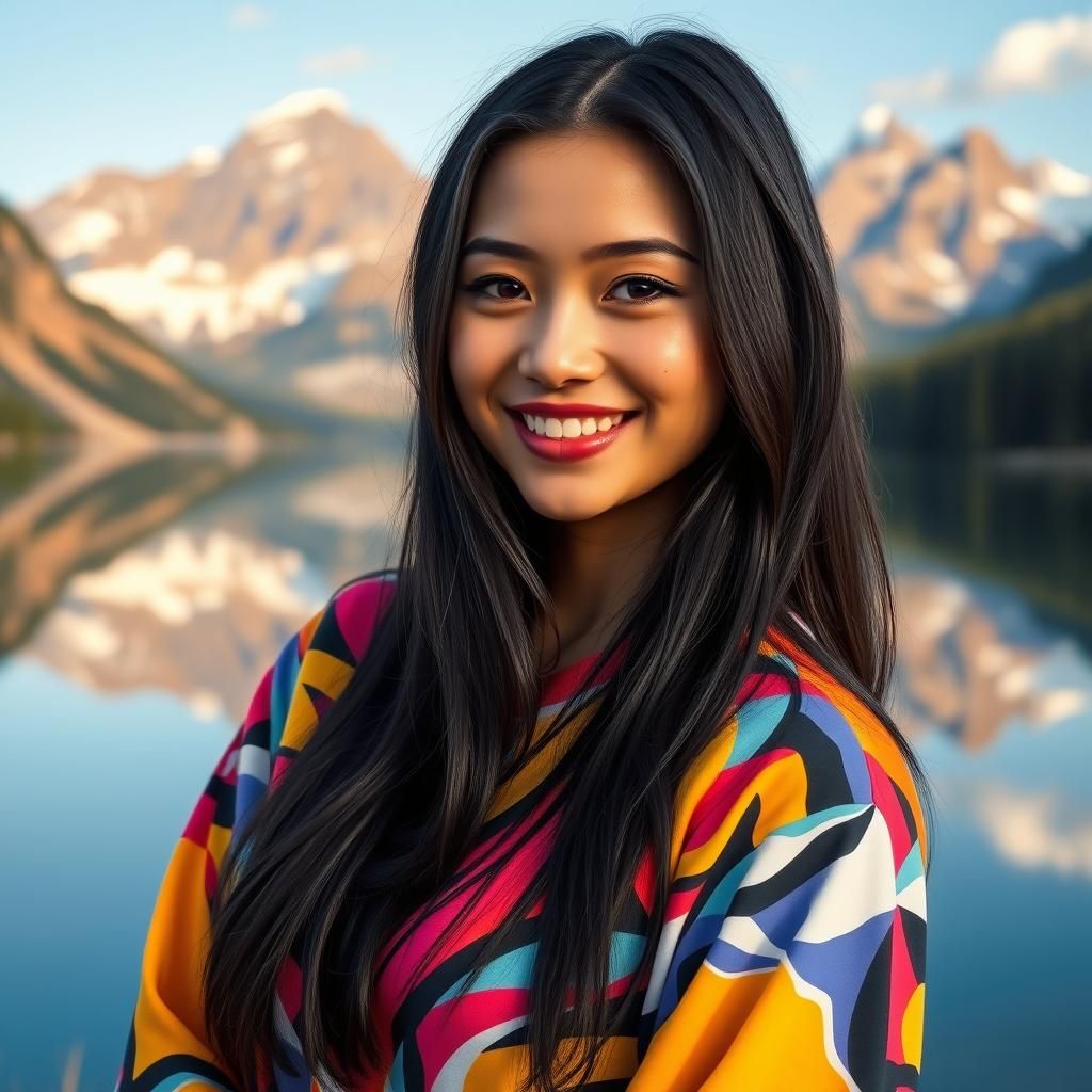 Serene Lakeside Portrait in Bold Digital Art Style