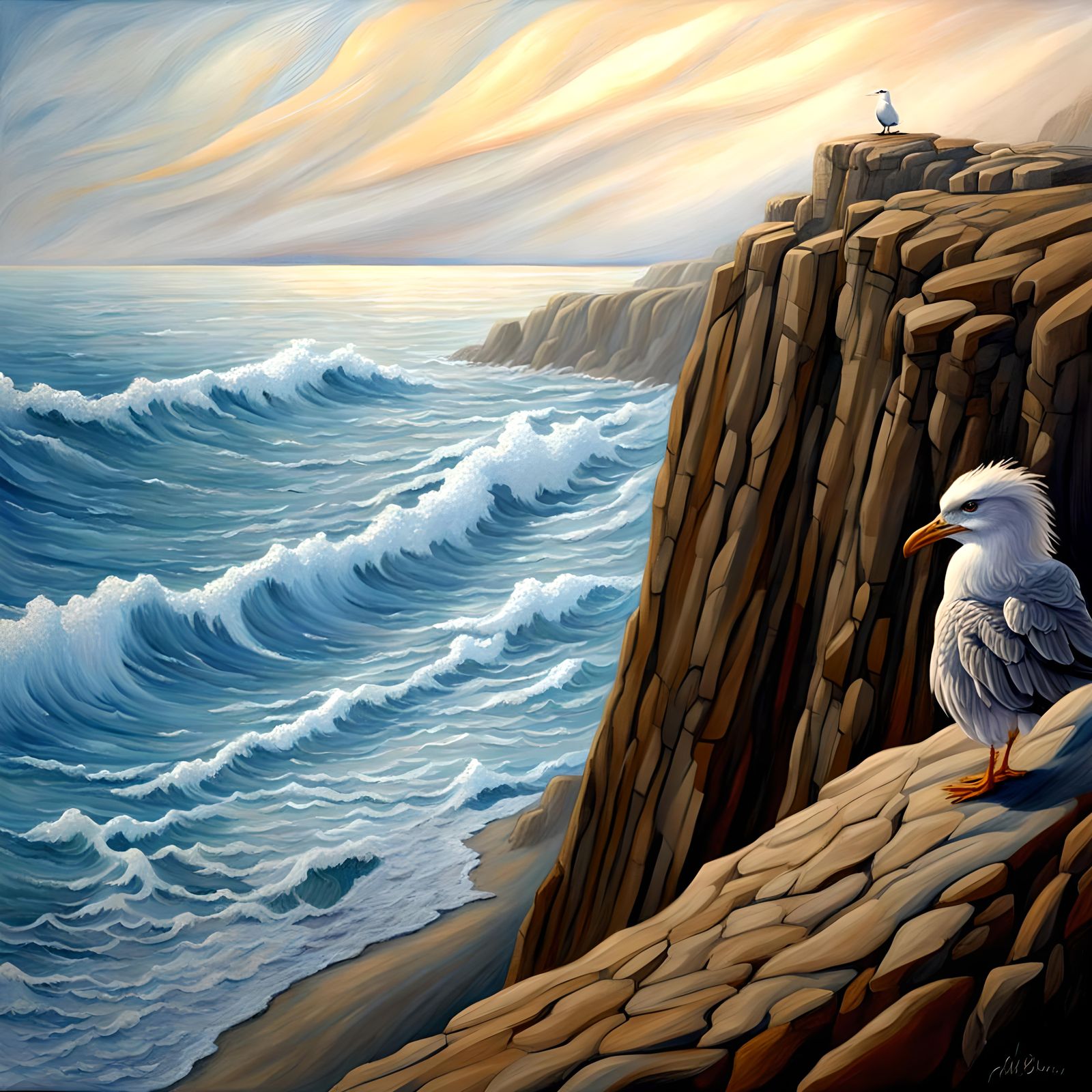 Beachcomber, cliff, hyperrealistic, acrylic, symbolism, by e...