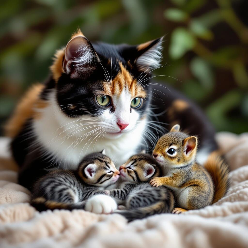 Calico Cat Adopts Kittens and Squirrel
