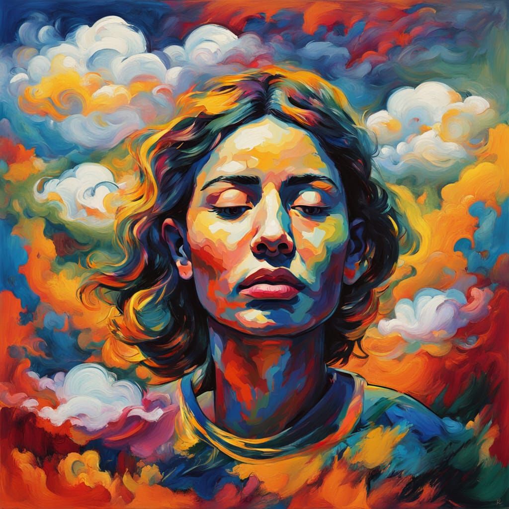 Meditating Woman's Face Emerges from Clouds in Expressionist...