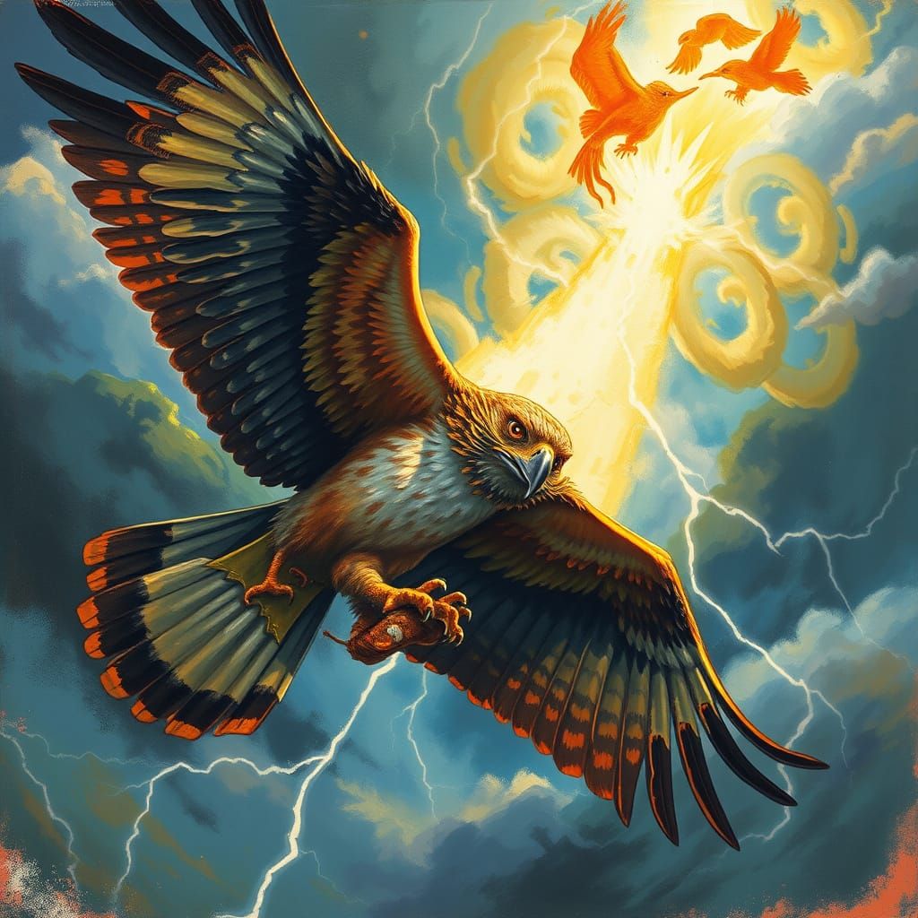 Hawk Soaring Through Stormy Sky in Fantasy Art Style