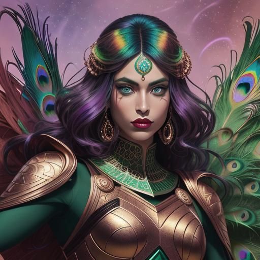 Woman with Peacock Feathers, in Comic Book Style