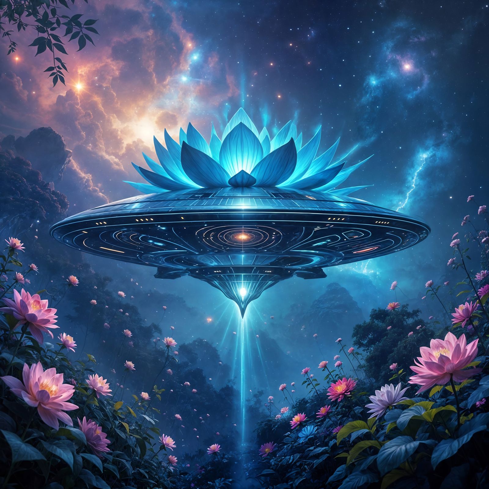 Sentient Lotus Spaceship in Bioluminescent Nebula Garden