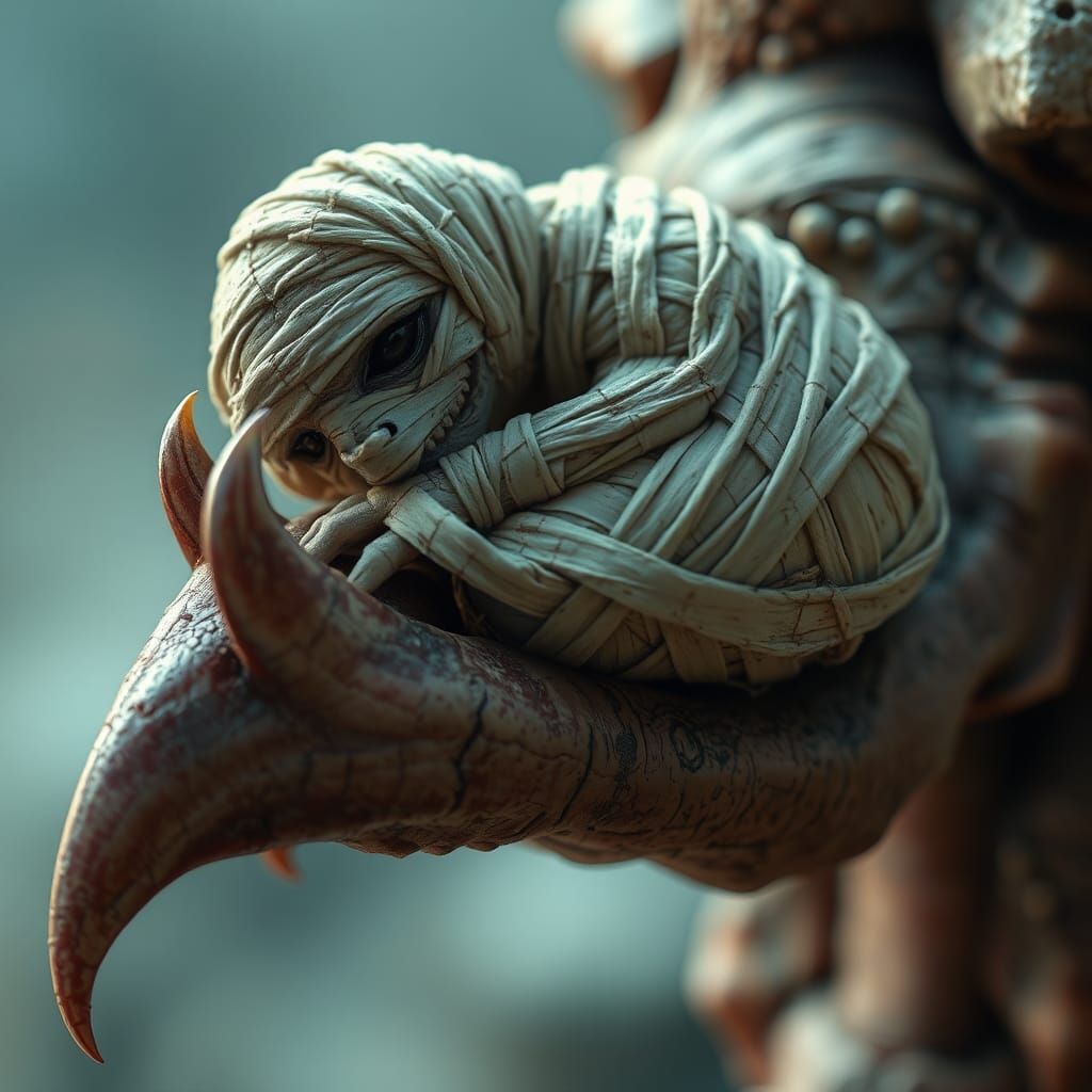 Mummy Cradled by Monster Claw: Photorealistic Fantasy Art