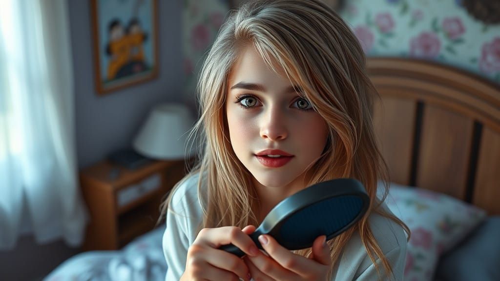 Teen Girl Serenades from Her Bedroom Stage in Dreamy Fantasy...