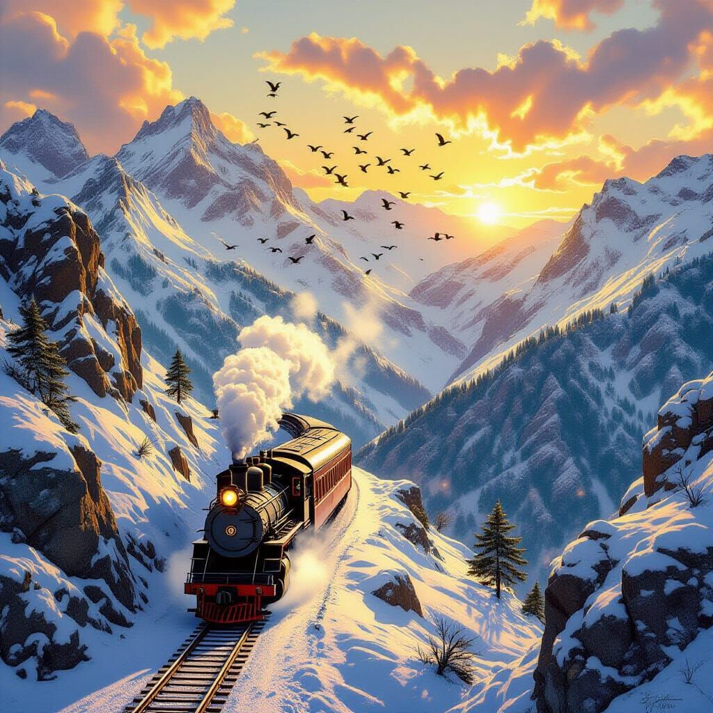 Miniature Snowy Mountain Steam Train at Golden Sunset
