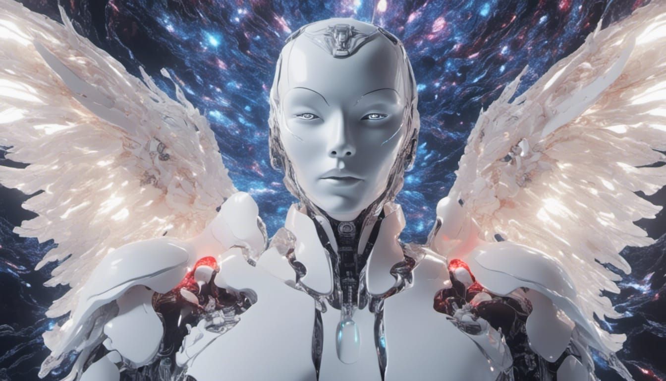 Robotic Goddess with Angel Wings and Fiery Throne