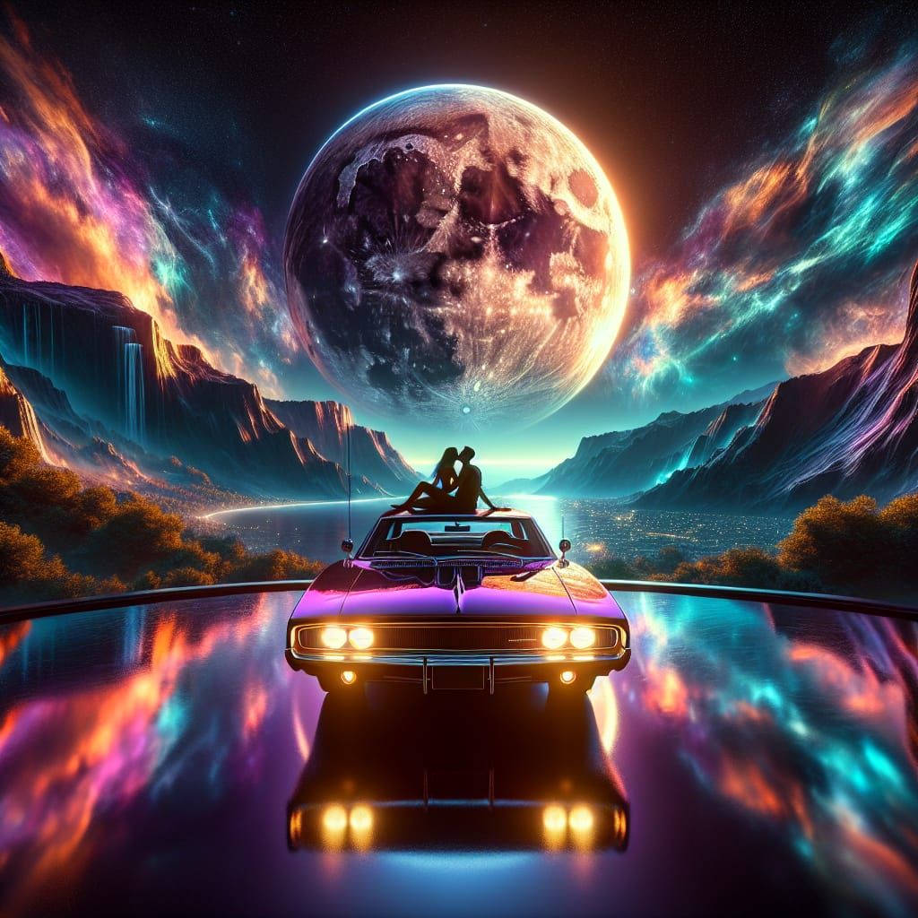 Moonlit View with Purple 70s Dodge Charger