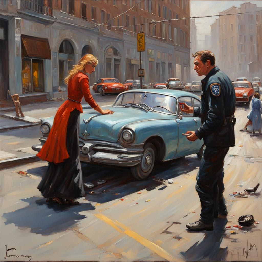 Man Helping Woman After City Car Accident: Oil Painting