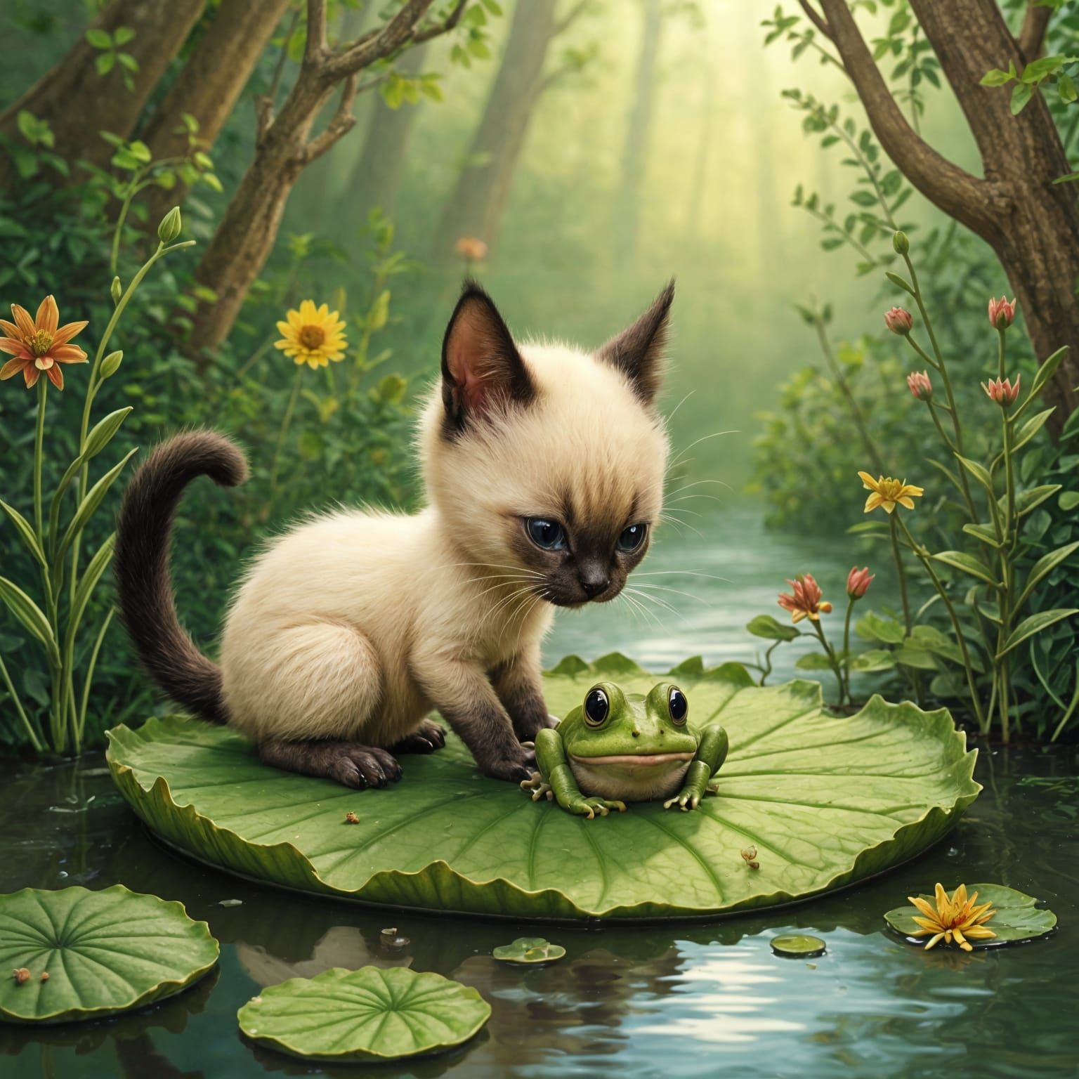 Siamese Kitten in Whimsical Forest Play