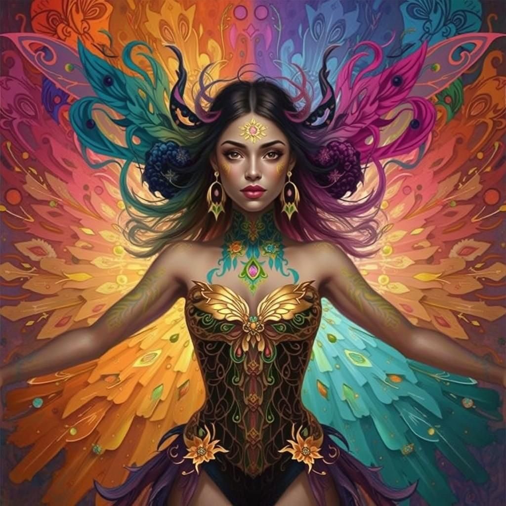 Dragon Peacock Woman in Abstract Fauvism Style