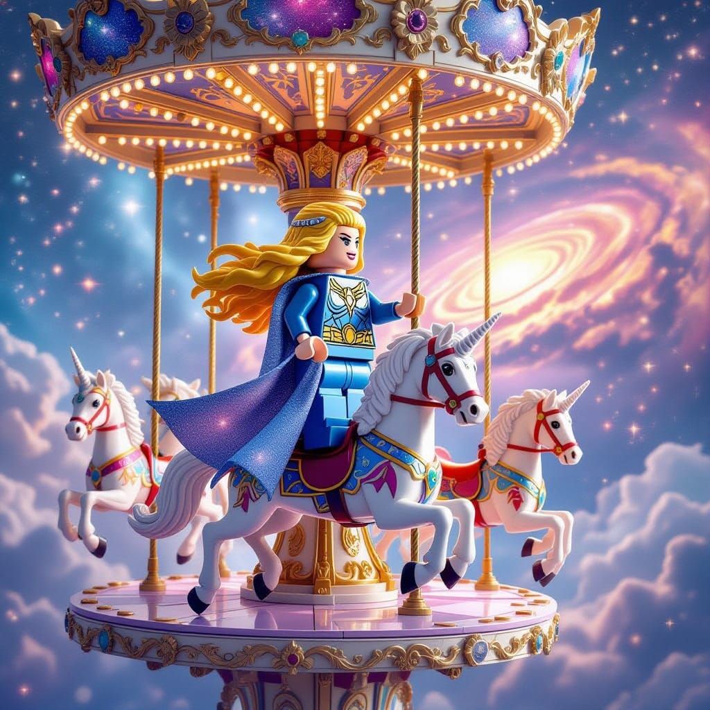 Female He-Man on Celestial Carousel Gazing at Nebula