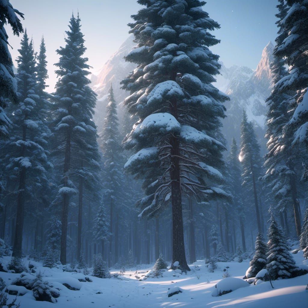 Evergreen Tree in Snowy Forest: 3D Game Cinematic
