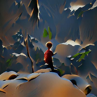 Boy on Mountain Gazing Skyward, 3D Render