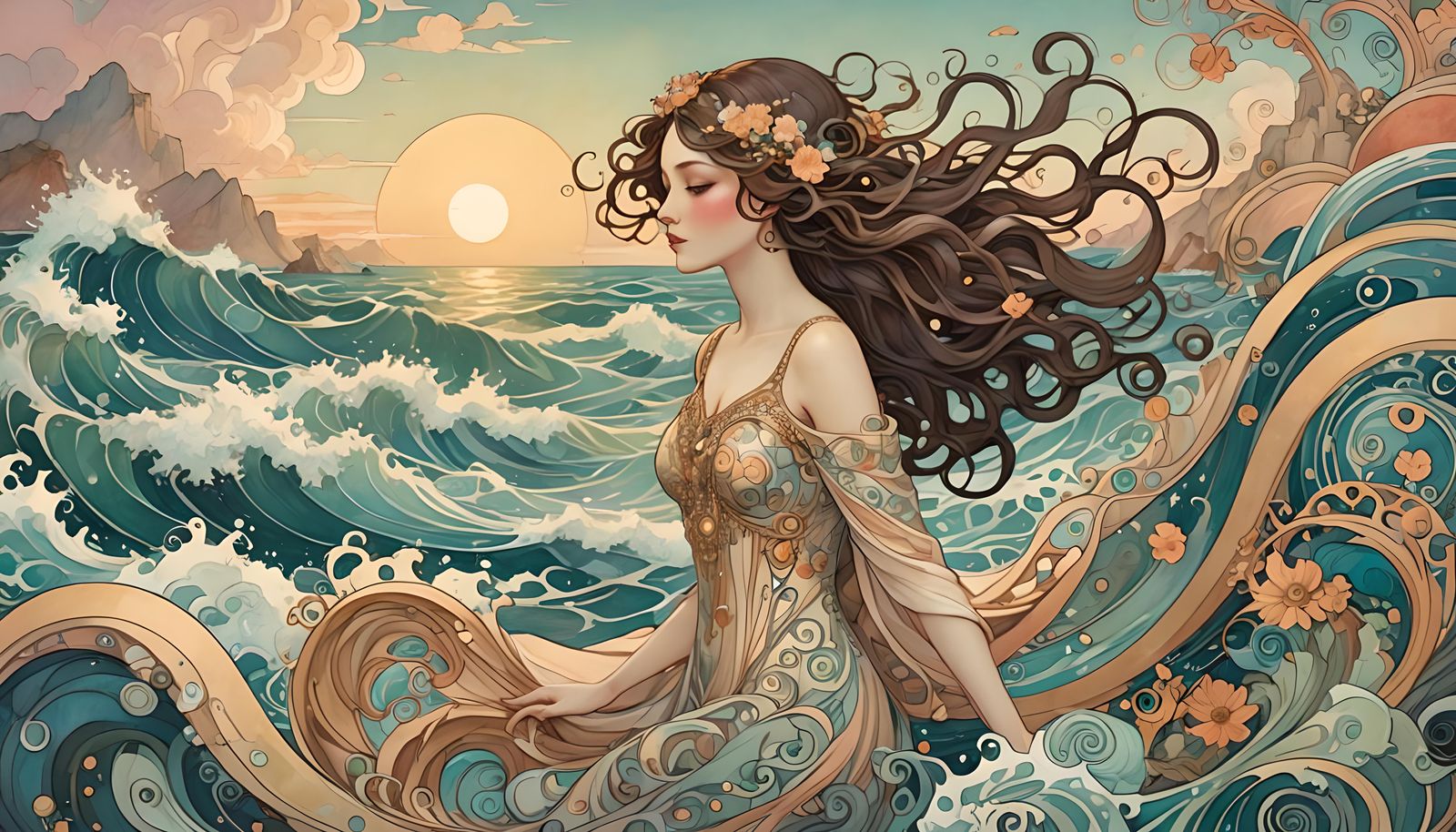 Pastel Seascape with Abstract Art Deco Swirls