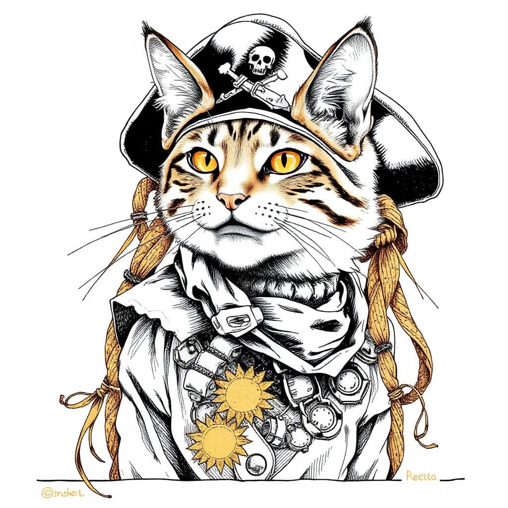 Pirate Cat in Art Nouveau Line Art