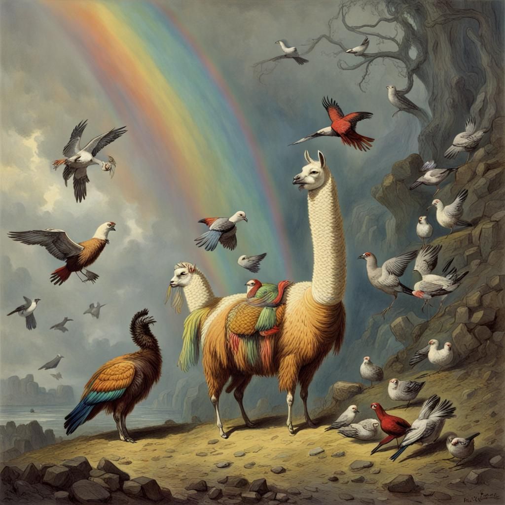 Surreal Rainbow Llama's Bird Feast: A Horror Scene