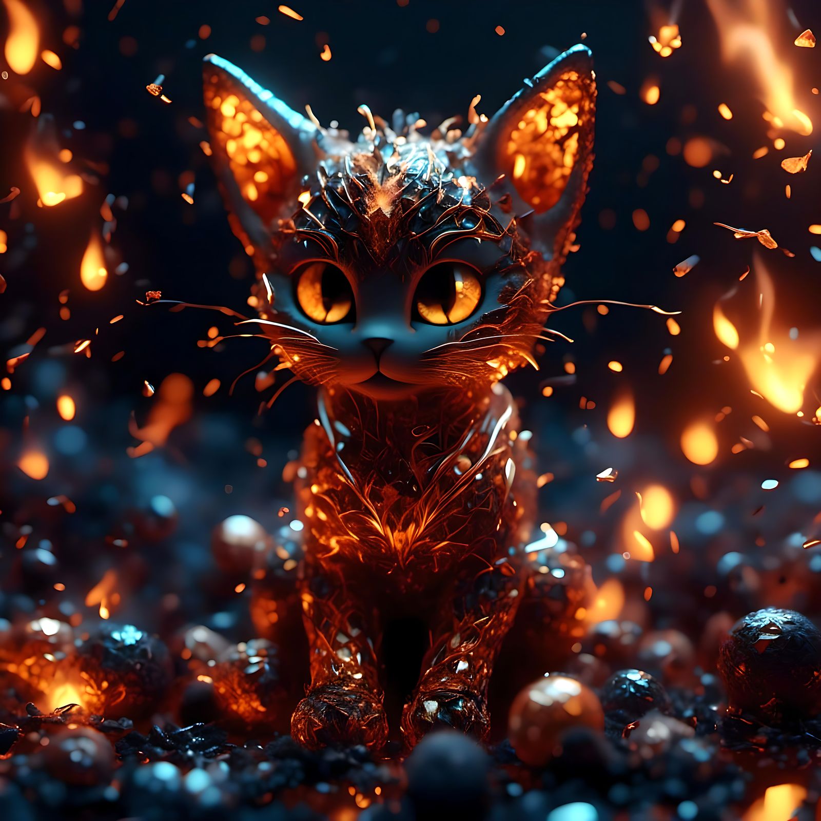 Fiery Kitten with Cracked Glass Texture
