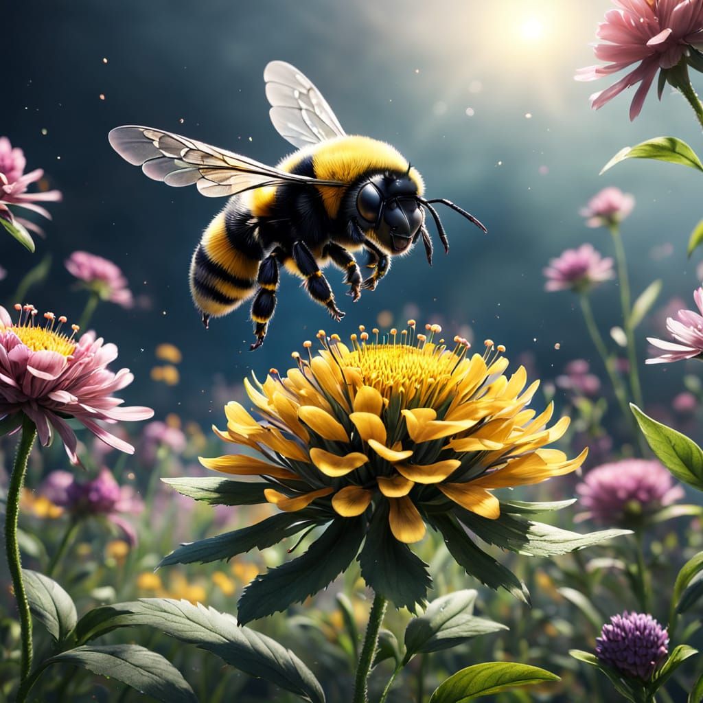 Bumble Bee with Flowers in Photorealistic Style