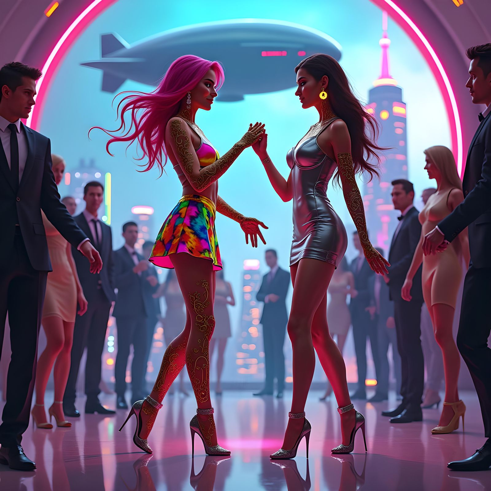 Rainbow Camouflage Party Scene in Futuristic Style