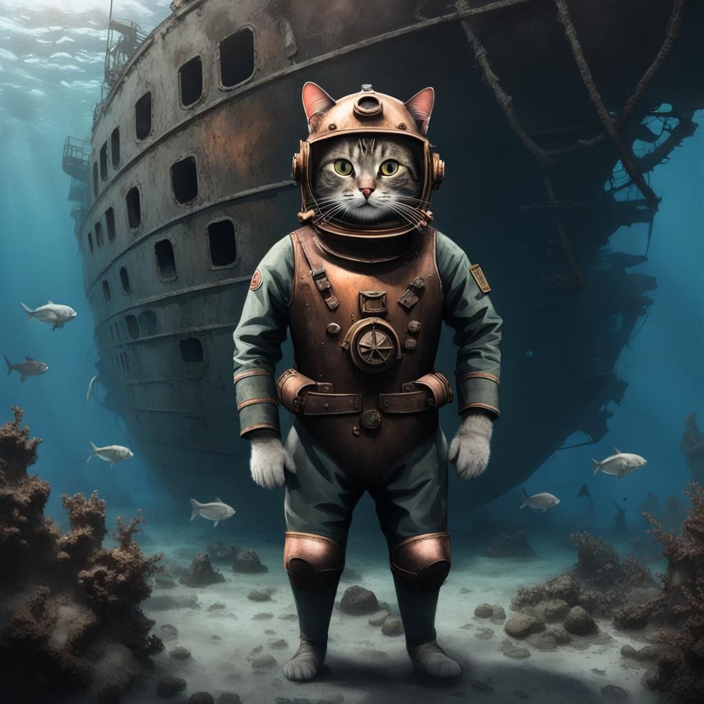 Cat Diver at Shipwreck: Charcoal Rendering