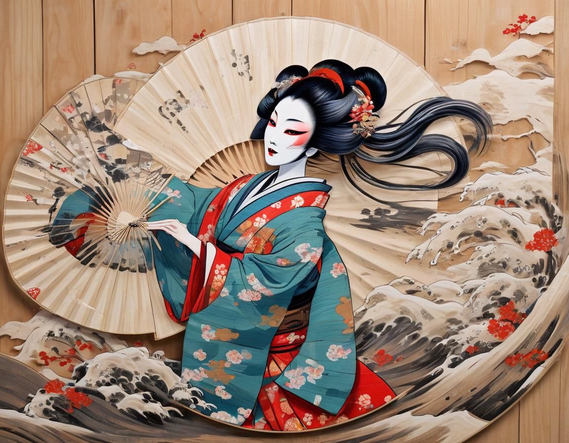 Kabuki Woman Dancing with Fan in Ukiyo-e Style
