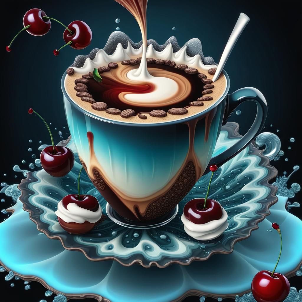 Bioluminescent Coffee Cup with Cherries in 3D