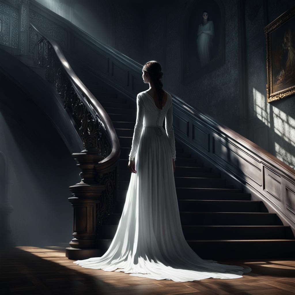 Ethereal Woman in White by Dark Staircase