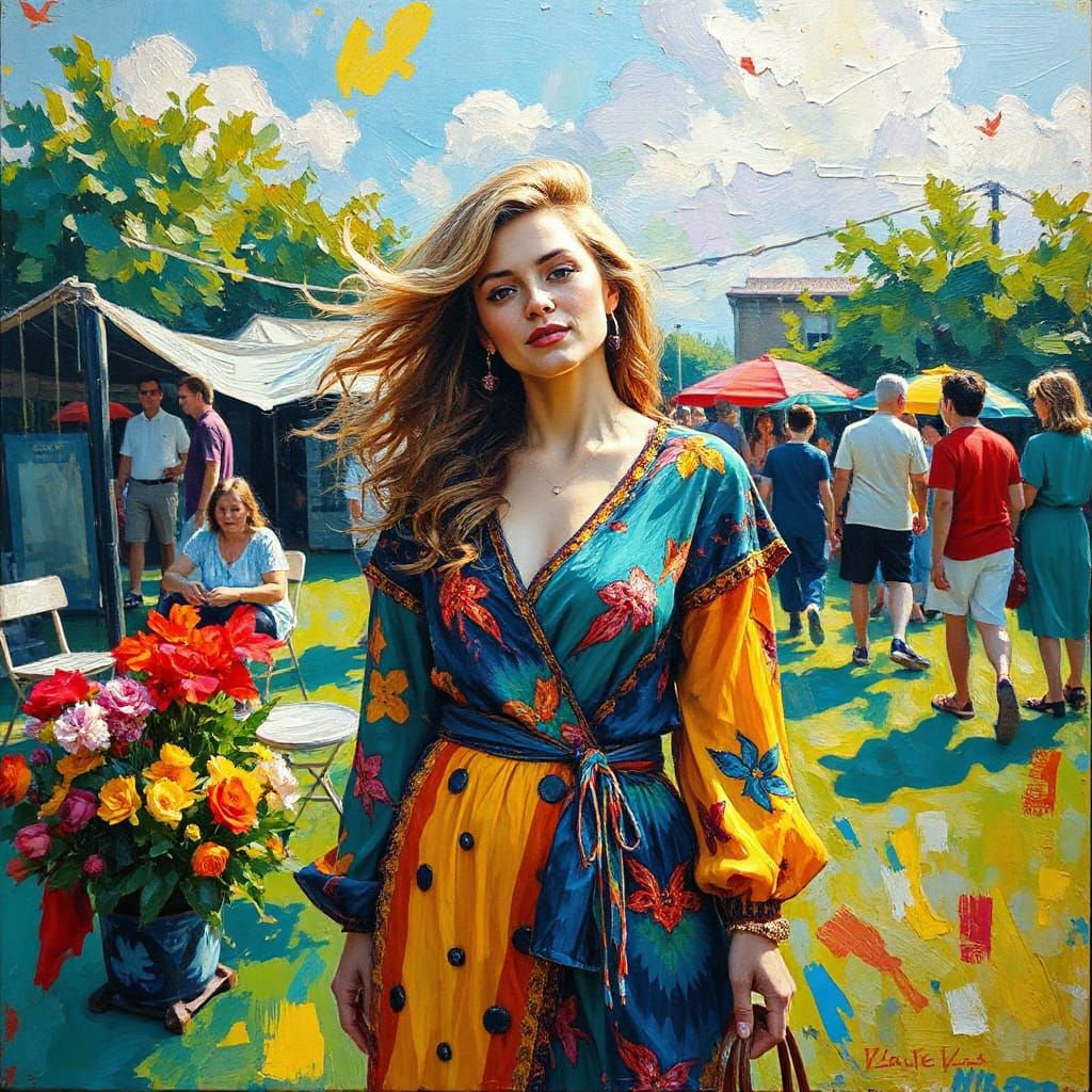 Woman in Lively Outdoor Setting, Blending Neo-Impressionism ...