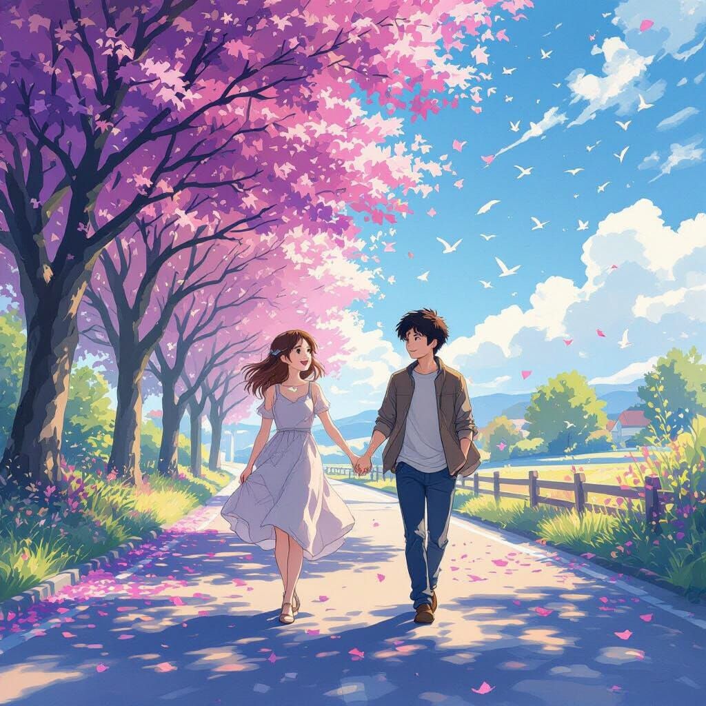 Spring Stroll: Couple Under Purple Trees